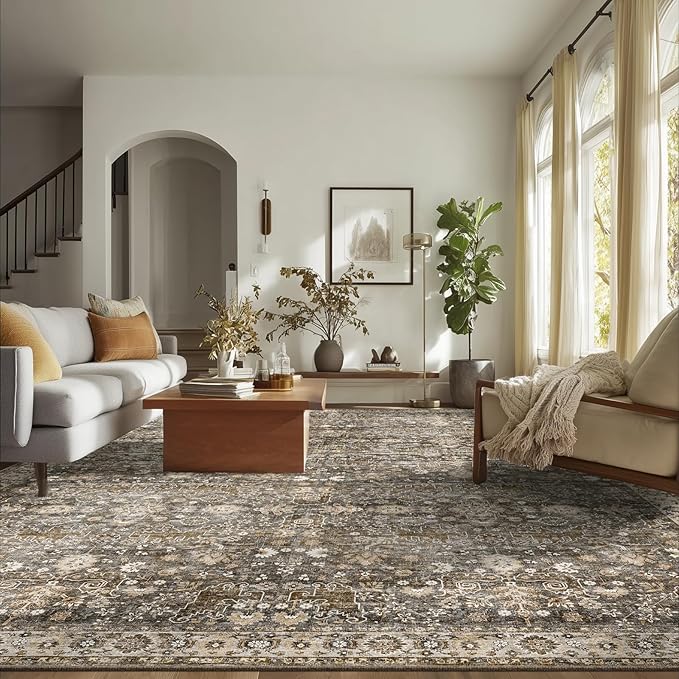 Washable Rugs for Living Room: 9x12 Area Rugs for Bedroom Ultral Soft Non-Slip Stain Resistant Vintage Boho Large Carpet for High-Traffic Dining Room - Farmhouse Decor