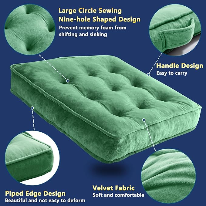 Floor Pillow Set of 2, Memory Foam Meditation Cushion, Floor Cushions for Adults Sitting, Large Square Seat Cushions for Yoga, Living Room, 20x20 Inch (Green)