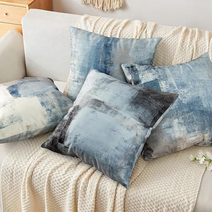 COLORPAPA Blue Throw Pillow Covers 20x20 Set of 4 Decorative Cushion Cover Grey Abstract Art Painting Pillowcase for Sofa Bedroom Living Room Décor