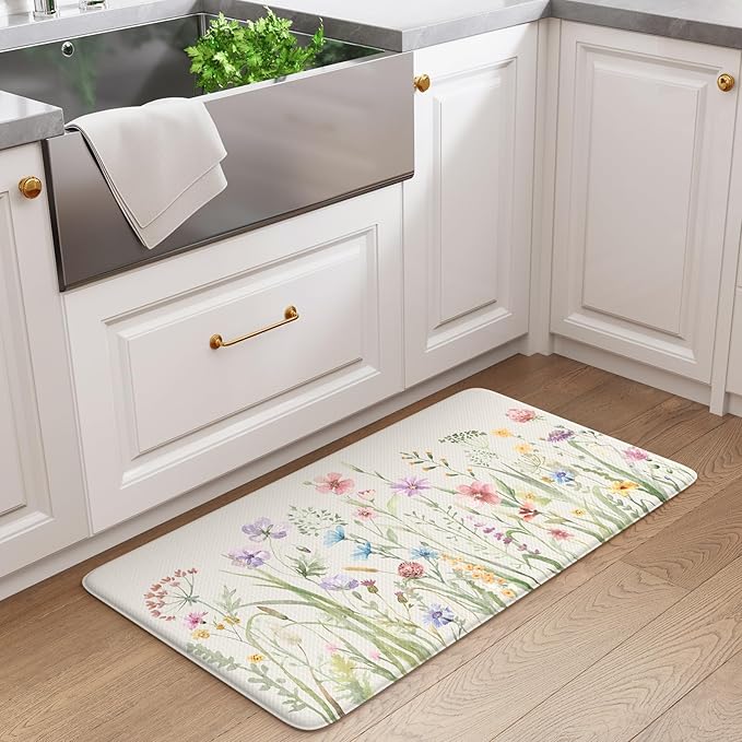 KIMODE Anti Fatigue Kitchen Mat 17.3"x29", Boho Floral Kitchen Floor Mats Non Slip, Waterproof Kitchen Mat for Floor, Padded Comfort Standing Mat for Laundry, Office, Sink, Desk White