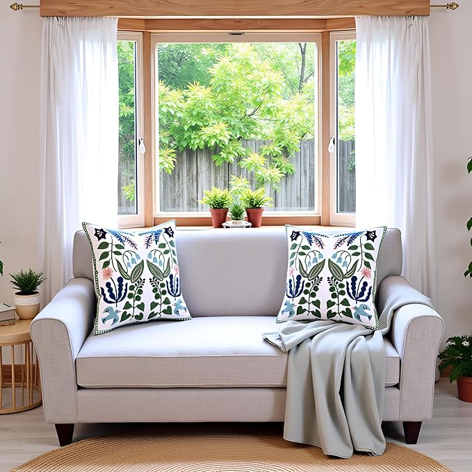 Tosleo Embroidered Pillow Covers 18x18 Pack of 2 Green and Navy Blue Leaves with Birds Embroidered Throw Pillow Covers Floral Tufted Pillowcases Spring Summer Decorative Coastal Pillow Cushion Cases