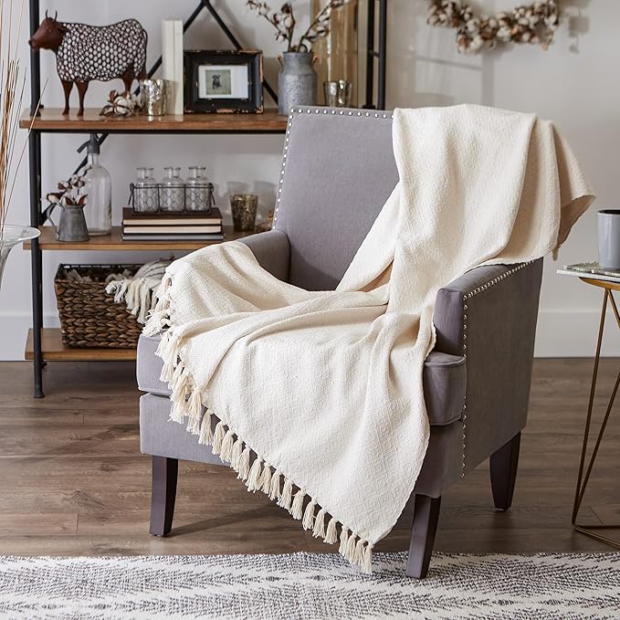 DII Global, Fields of Diamond Woven Throw, 50x60, Natural