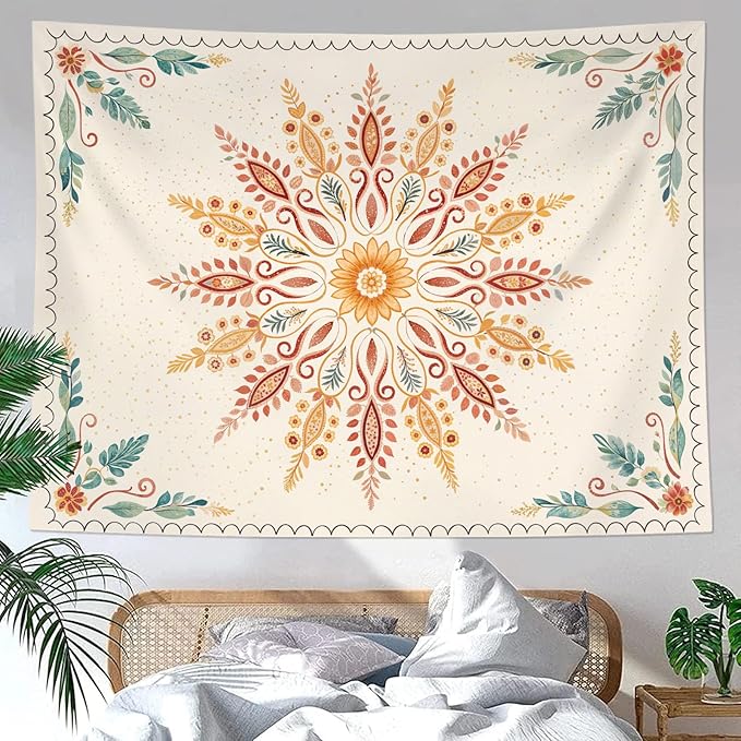 Accnicc Boho Floral Mandala Tapestry for Bedroom Bohemian Flower Wall Tapestry Aesthetic Small Watercolor Yellow Beige Hippie Indian Tapestries Wall Hanging for Living Room Dorm Decor 48 x 32 Inch