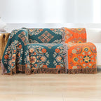 King Throw Blanket for Bed Couch,100% Organic Cotton Reversible Soft Quilt, Orange Floral Breathable Lightweight Blankets,90"×108" Extra Large Sofa Throws for 3 4 Seater with Tassels,Teal