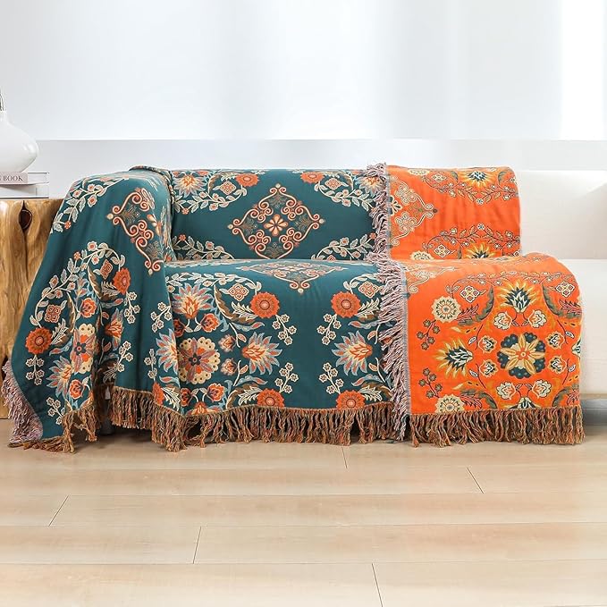 King Throw Blanket for Bed Couch,100% Organic Cotton Reversible Soft Quilt, Orange Floral Breathable Lightweight Blankets,90"×108" Extra Large Sofa Throws for 3 4 Seater with Tassels,Teal