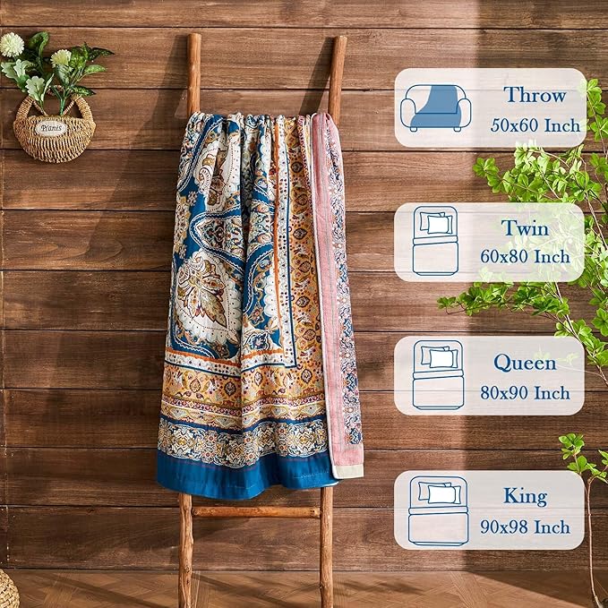 Boho Throw Blanket 100% Cotton Muslin Woven Blanket Bohemian Bed Throws Vintage Rustic Farmhouse Decor Reversible Bed Blanket Quilt for All Seasons（Blue 50"x60"）