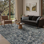 5x7 Area Rugs for Living Room Bedroom, Blue Washable Rug, Vintage Retro Boho Rug, Non Slip & Low Pile Faux Wool Thin Carpet for Indoor Dining Room and Kids Room(Blue 5x7ft)