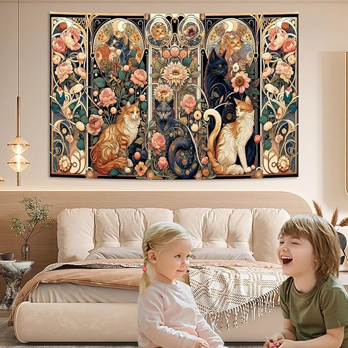 Apdidl Boho Floral Cute Wall Tapestry for Bedroom, Vintage Flower Cat Wall Hanging, Bohemian Style Orange and Black Cats Funny Tapestries, Animal Painting Art Poster for Girls Room Dorm Beach Decor (60" X 79")