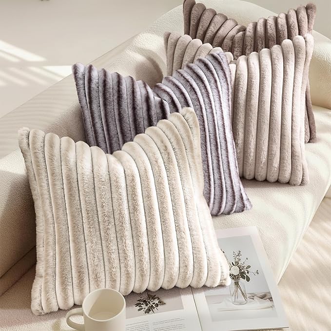 decorUhome Cozy Faux Fur Throw Pillow Covers 20x20 Set of 2 Decorative Soft Plush Striped Modern Farmhouse Boho Couch Pillow Cases with Velvet Back for Sofa Bed Living Room, Tan