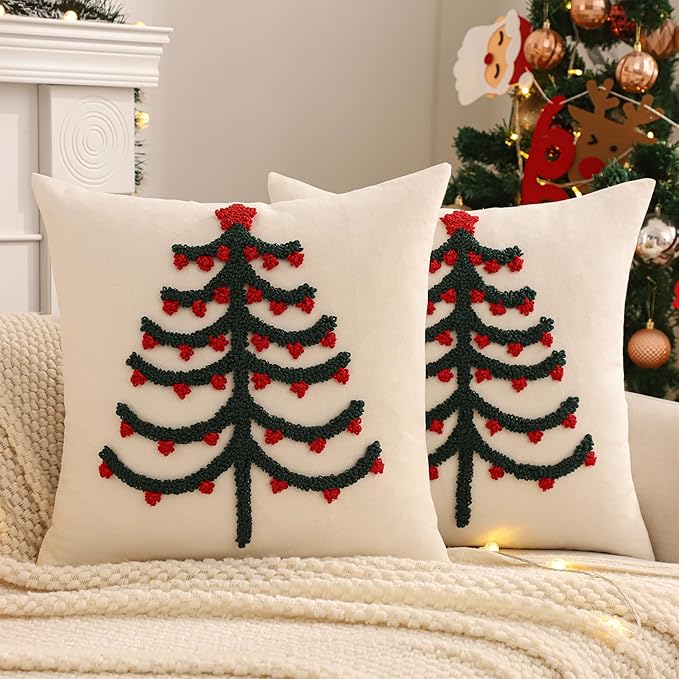 Tosleo Christmas Tufted Pillow Covers 18 x 18 inch Set of 2 Green Xmas Tree with Red Berry Throw Pillow Cover Party Decor Winter Holiday Embroidery Cushion Case for Sofa Couch Bed Living Room