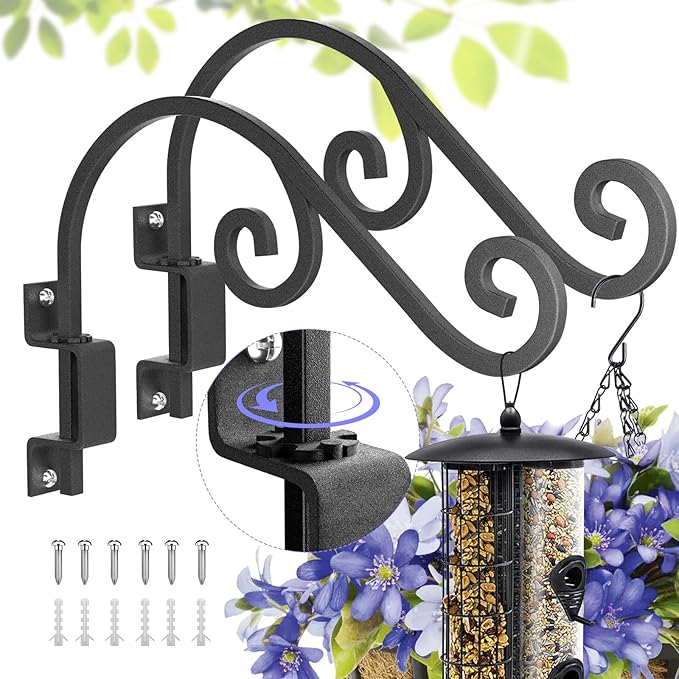 Swivel Plant Hangers Outdoor: 2 Pack 16 Inch Metal Hanging Plant Bracket Sturdy Wrought Iron Plant Hooks Indoor Wall Mount for Hanging Bird Feeders, Lanterns, Flower Baskets, Wind Chimes, Black
