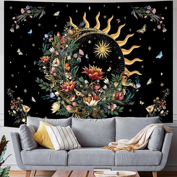 Racunbula Floral Plants Tapestry Sun and Moon Tapestry Retro Botanical Flowers Butterfly Tapestries Black Starry Sky Wall Decor Vintage Boho Aesthetic Tapestries Wall Hanging for Bedroom