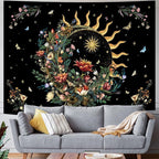Racunbula Floral Plants Tapestry Sun and Moon Tapestry Retro Botanical Flowers Butterfly Tapestries Black Starry Sky Wall Decor Vintage Boho Aesthetic Tapestries Wall Hanging for Bedroom