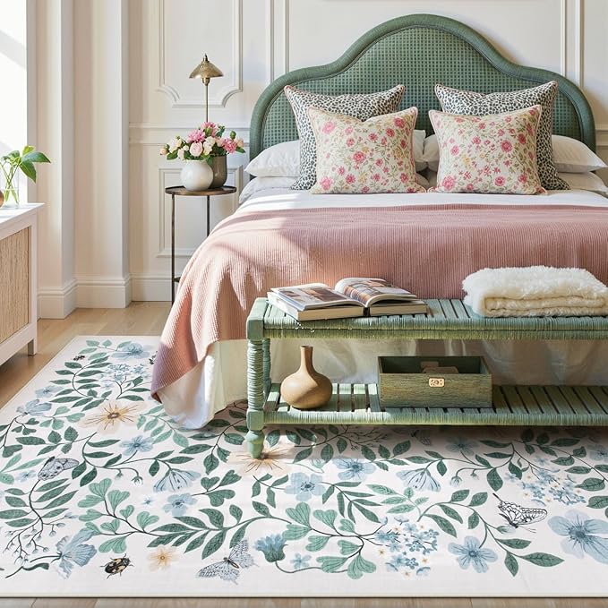 Lahome Reverie 5x7 Light Blue Rugs for Girls Room, Washable Boho Floral Rug Nursery Decor, Non-Slip Thin Carpets for Kids Bedroom, Teen Girls Retreat Nook, Dorm Room, Playroom