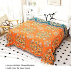 100% Cotton Throw Blanket, Muslin Breathable Soft Bed Quilt Orange Throw - Bohemian Floral Farmhouse Decor Blanket for Sofa Couch Chair and Gift. 50" x 60"