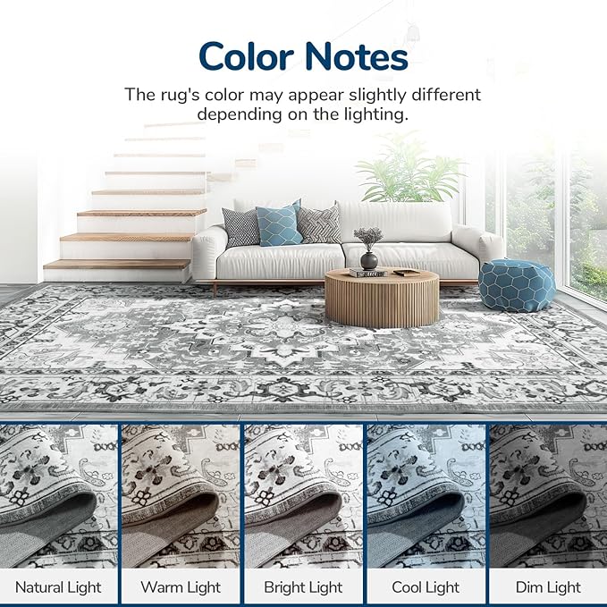 Lessymo Area Rugs 9x12 Living Room- Large Area Rug Machine Washable Area Rug for Bedroom Living Room, Vintage Rugs Boho Floral Medallion, Non-Slip Rubber, Low Pile, Kid & Pet Friendly, Grey White