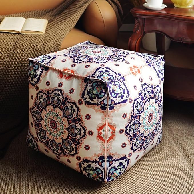 Unstuffed Pouf Cover Ottoman Footrest Bohemian Chenille Foot Stool Floor Bean Bag 18x18x18 Inches for Living Room Bedroom Home Decor (Blue, Cube)