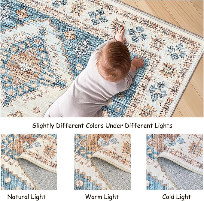 Area Rugs 5x7, Low Pile Non-Slip Backing Rugs, Super-Soft Home Decor Washable Rugs 5x7 Under Table, Foldable Floral Vintage Area Rug for Living Room (Blue/Beige, 5'x7')