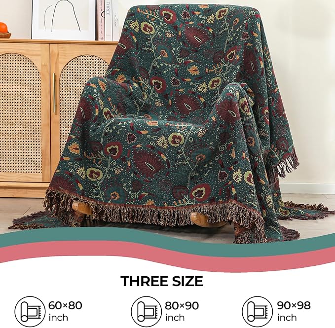 Boho Fall Throw Blanket for Bed,100% Ultra Cotton Soft Breathable Bed Throw Floral Printed Farmhouse Decor Rustic Bed Throws for Couch Sofa Quilt 80" x 90"