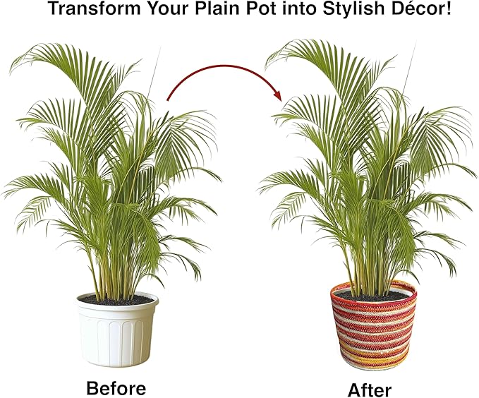 Planter Basket Set – 5-Piece Handwoven Jute Planter Basket for Home Decor, Nursery, or Indoor Plants (5'' to 8'' Diameter, 4.75'' to 7.75'' Height) – Fold & Wrinkle Free - Orange Sunset Stripe