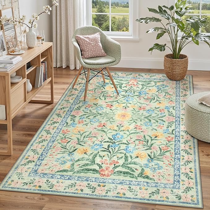 Lahome Sylvie Washable 5x7 Area Rugs, Boho Pink and Green Floral Living Room Rug Non Slip, Vintage Girls Bedroom Indoor Carpet for Nursery Playroom Kitchen, Green/Multi
