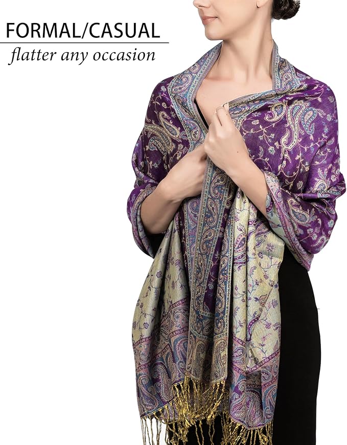 Achillea Reversible Paisley Pashmina Rave Scarf – Exotic Indian Shawls and Wraps for Evening Dresses, Festivals, All Seasons