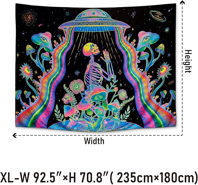 Galoker Blacklight Skeleton Tapestry Fantasy Plant Floral Tapestry UV Reactive Alien UFO Tapestries Galaxy Space Tapestries Wall Hanging for Home Decor(H70.8×W92.5 inches)