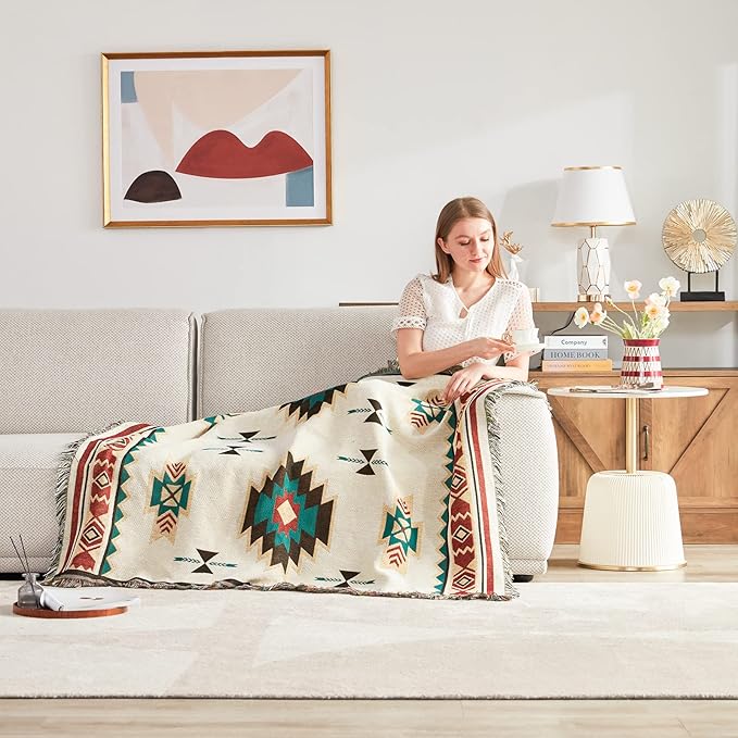 Touchat Native American Blanket Western Decor Boho Throw Blanket for Sofa, Mexican Decorative Farmhouse Blanket, Southwest Decor Woven Blankets, Aztec Throw Blankets with Tassel(Beige,50×60 inch)