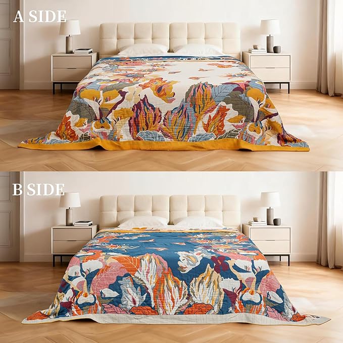 MACEVIA 100% Cotton Boho Throw Blanket, Soft Lightweight Butterfly Floral Design, 80"x90" Large Bedspread for Queen Bed, Couch Sofa, Cottagecore Decor(Butterfly Floral)