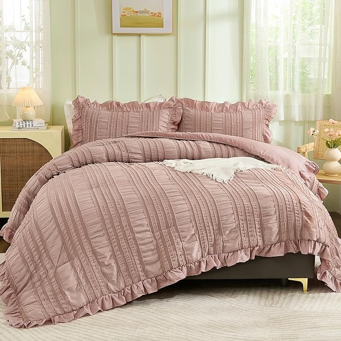 WONGS BEDDING Pink Comforter Set King,3 Pieces Ruffle Farmhouse Shabby Chic Boho Comforter for King Bed,Soft Textured Bedding Set with 1 Ruffle Comforter,2 Tufted Pillowcases 104"×90"