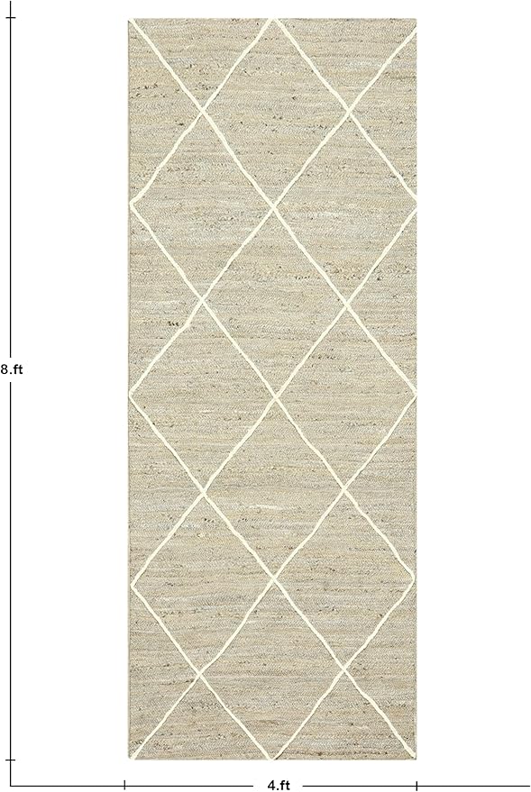 Indian Artisans Hand Braided Jute Area Rug 2.6x4 Kilim Runner Rug Natural Jute Geometric Pattern Grey White Hand Woven Flatweave Carpet Indoor Outdoor Rugs for Bedside Runner Kitchen, Balcony