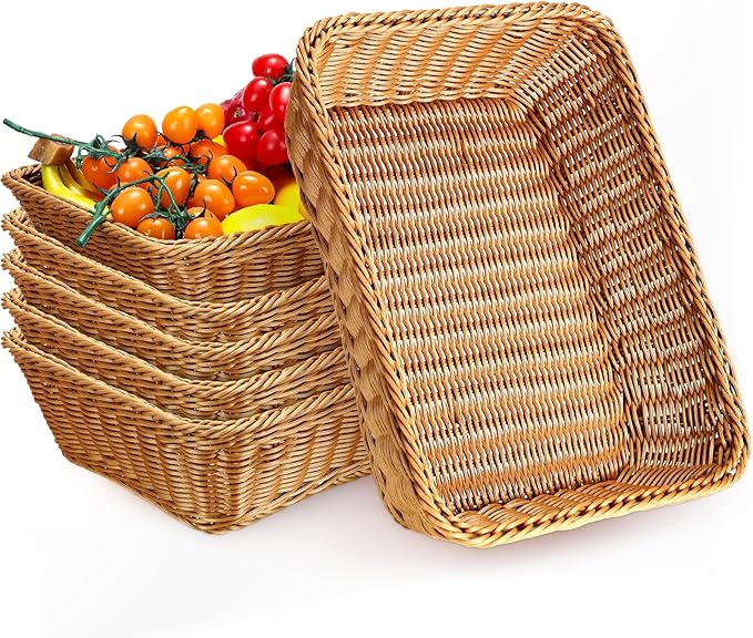 Eccliy 6 Pack Poly Wicker Bread Baskets 19 Inch Imitation Rattan Serving Trays for Bread Snacks Fruit Vegetables Tabletop Display Basket for Kitchen Restaurant Home Hotel