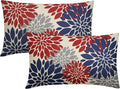 4th of July Pillow Covers 12X20 Inch Set of 2, Patriotic Blue Red Grey Dahlia Floral Print Holiday Decorative Rectangle Throw Pillow Covers Outdoor Farmhouse Cushion Case for Couch Sofa Bed Decor