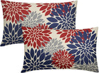 4th of July Pillow Covers 12X20 Inch Set of 2, Patriotic Blue Red Grey Dahlia Floral Print Holiday Decorative Rectangle Throw Pillow Covers Outdoor Farmhouse Cushion Case for Couch Sofa Bed Decor