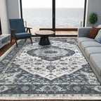 6x9 Vintage Washable Area Rug for Living Room,Low Pile Non Slip Carpet Non-Shedding Area Rug Soft Indoor Stain Resistant Rug Floral Print Mat for Bedroom Dining Room Blue Beige