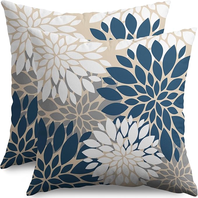 Blue Gray White Pillow Covers 24X24 Inch Set of 2, Modern Dahlia Floral Print Decorative Throw Pillow Covers Outdoor Farmhouse Cushion Case for Home Couch Sofa Bed Decoration