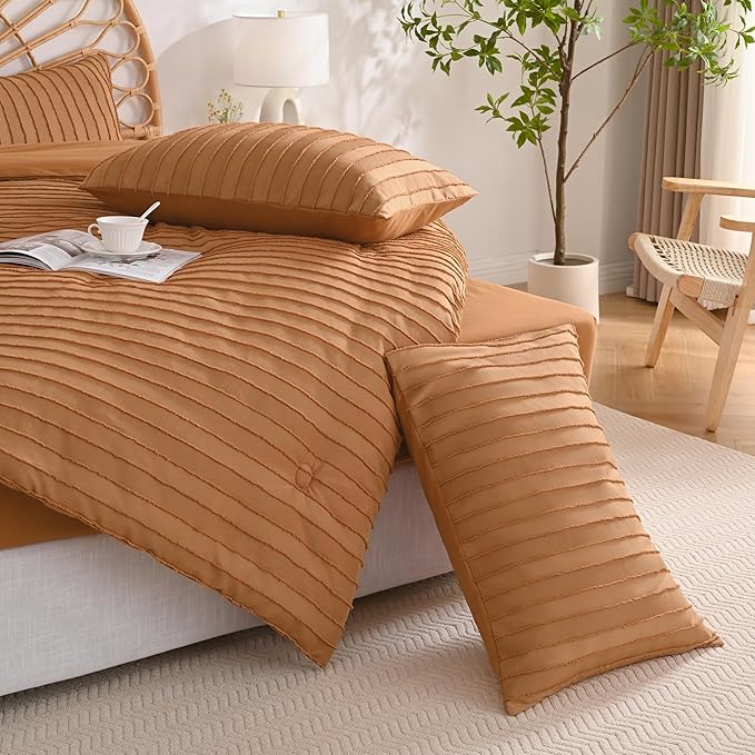 JELLYMONI Pillowcases Standard Size Rust 2 Pack Boho Striped Bed Pillow Covers 20x26in Polyester Envelope Pillow Shams Tufted Bohemian Textured (Pillows are not Included)