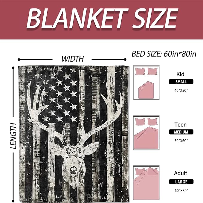 Rustic Deer Head American Flag Flannel Blanket 40x50in,Black and White Distressed Patriotic Hunting Decor,Soft Lightweight Gifts Throw for Outdoorsmen,Hunters,Cabin and Rustic Style Fans