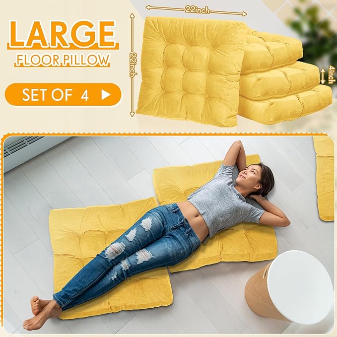 Jerify Floor Pillow Cushions Large Round Square Large Meditation Floor Pillow for Classroom Adult Meditation Picnic Party Seating Learning Daycare School(Square,Yellow,4 Pcs)