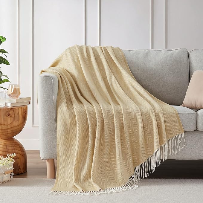 BOURINA Decorative Herringbone Faux Cashmere Fringe Throw Blanket Lightweight Soft Cozy for Bed or Sofa Farmhouse Outdoor Throw Blankets, 50" x 60", Light Yellow