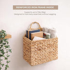 Boho Water Hyacinth Hanging Wall Basket, Flat Back Woven Storage Organizer for Mail, Books and Magazines, Decorative Wall Basket for Entryway and Farmhouse Home