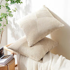 Topfinel Tan Decorative Throw Pillow Covers 18x18 Set of 2 Windmill Textured Striped Patchwork Pillow Covers Soft Corduroy Square Beige Cushion Cases for Couch Sofa Bed Boho Home Decor
