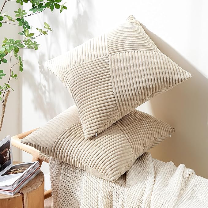Topfinel 20x20 Pillow Covers Set of 2,Windmill Textured Striped Patchwork Tan Decorative Throw Pillow Covers Soft Corduroy Square Beige Cushion Cases for Couch Sofa Bed Farmhouse Boho Home Decor