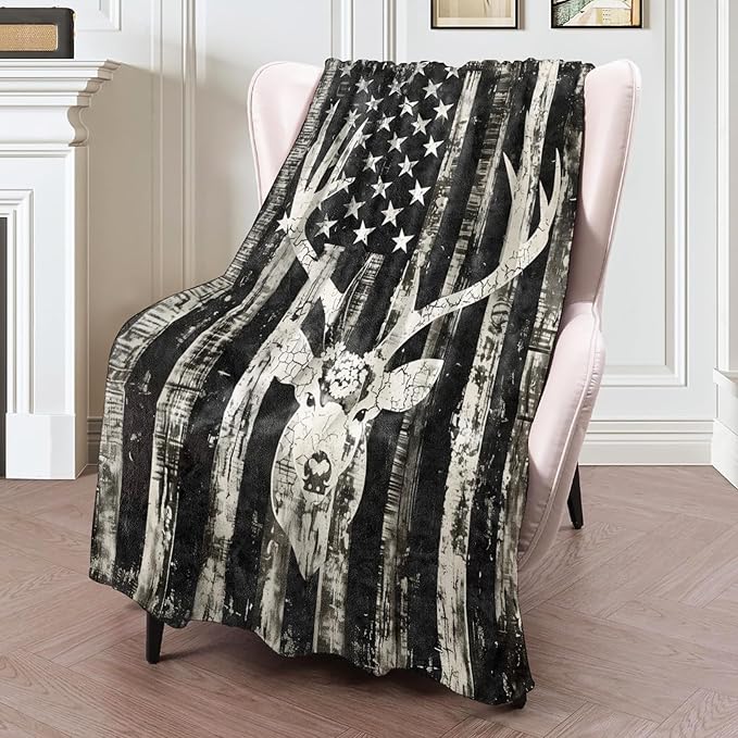 Rustic Deer Head American Flag Flannel Blanket 40x50in,Black and White Distressed Patriotic Hunting Decor,Soft Lightweight Gifts Throw for Outdoorsmen,Hunters,Cabin and Rustic Style Fans