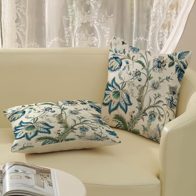 Blue Green Pillow Covers 20x20 Set of 2 Sage Green Chinoiserie Floral Throw Pillows Boho Vintage Flowers Decorative Pillowcase Outdoor Chinoiserie Decor Farmhouse Cushion Case for Couch Sofa