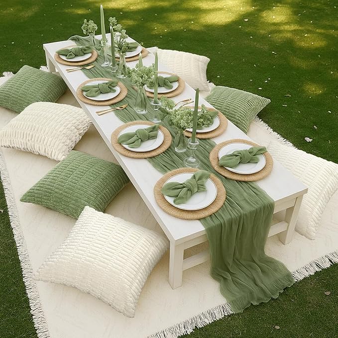91 x 71 Extra Large Outdoor Boho Picnic Blanket with Sage Green Table Runner, 6 Throw Pillow Covers 6 Napkins Woven Cotton Yarn Oversize Beach Blanket Washable Picnic Camp Wedding
