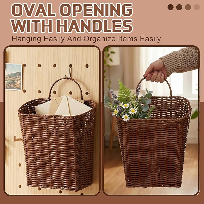 2 Pack PE Rattan Hanging Wall Basket Wicker Hanging Basket for Front Door Mail Flowers Books Accessories Organizing Boho Rustic Farmhouse Wall Decor (Oval Opening)