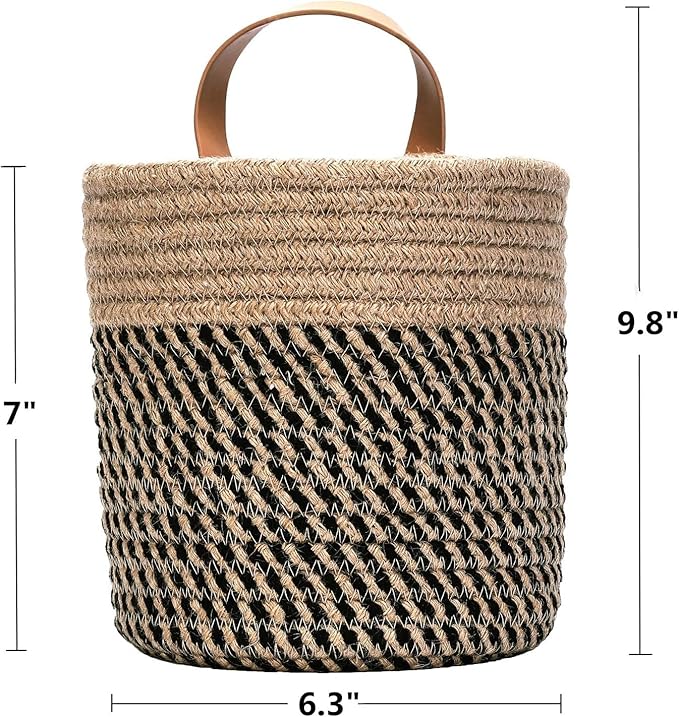 2pack Small Hanging Baskets-Cotton Rope Wall Basket with Handle, Hanging Storage Basket, Shelf Baskets Storage Bin Closet Organizer - 6.3" x 7", Woven Plant Basket (Jute-black)