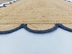 Scalloped Natural Jute Area Rug, Navy Trim, 2'x6'