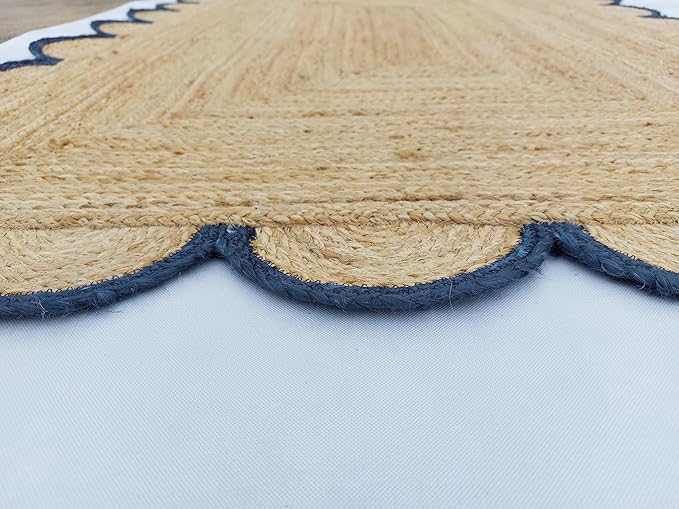 Scalloped Natural Jute Area Rug, Navy Trim, 9'x12'